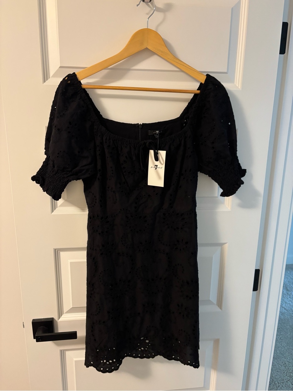 7 For All Mankind Black Eyelet Puff-Sleeve Mini Dress - Picture 1 of 2